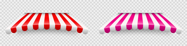 透明背景上的红色商店遮阳伞。逼真的条纹咖啡馆遮阳篷。户外帐篷市场。屋顶树冠。夏季街头商店。矢量图图片下载