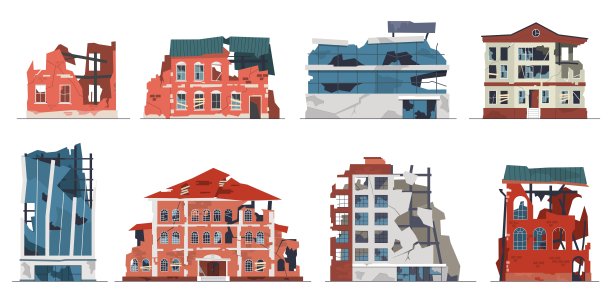 破坏城市建筑外墙。城市的破坏和废墟，倒塌的房屋和商店，破碎的世界末日后的建筑，倒塌的战争或地震后，矢量平面卡通孤立的设置图片下载