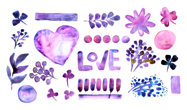 各种水彩斑点，斑点，植物，花在紫罗兰色孤立在白色背景上。水彩画不同形式形状的爱情主题图片下载