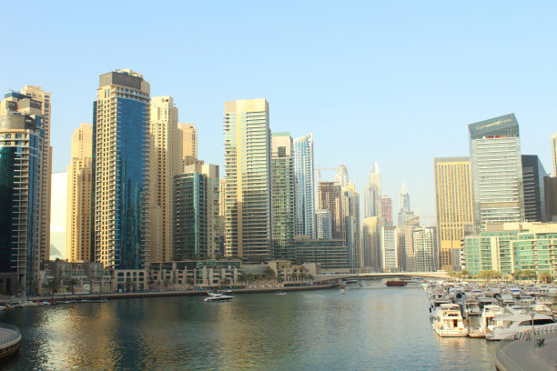 阿拉伯联合酋长国迪拜码头运河城市全景背景（2018年3月）图片下载