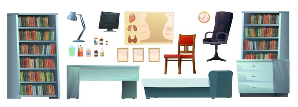 医生办公室的对象集。办公桌，扶手椅，电脑。孤立的白色背景。为病人准备的沙发和椅子。医药海报和药品卡通有趣的风格插图。向量图片下载