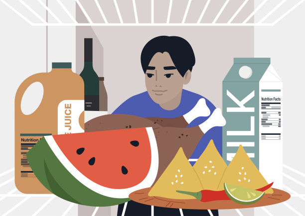 一个年轻的亚洲男性角色看着冰箱，在家里吃午饭，一个封闭的生活方式图片下载