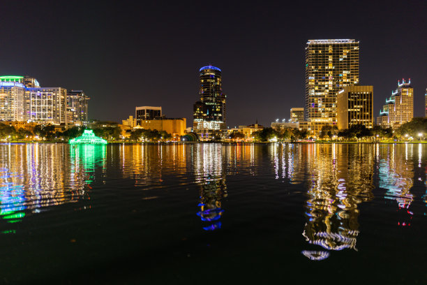 夜晚湖面上灯火通明的建筑物的美丽景色图片下载