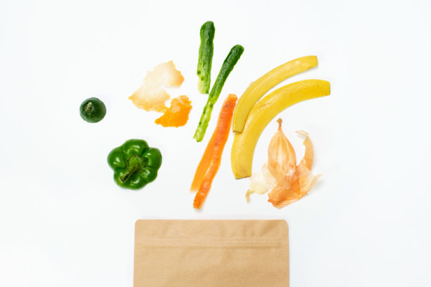 食物剩饭和纸板袋在白色背景特写俯视图。图片下载