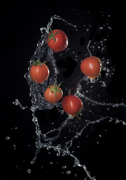 新鲜的红色番茄在溅水孤立在黑色背景上图片下载