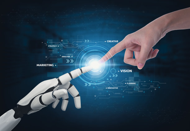 3D渲染人工智能机器人与人手接触图片下载