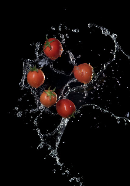新鲜的红色番茄在溅水孤立在黑色背景上图片下载