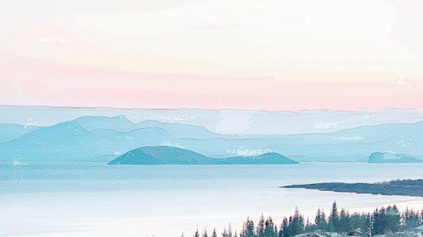 山景，天空和水在蓝色和粉红色阴影，水彩画风格图片下载