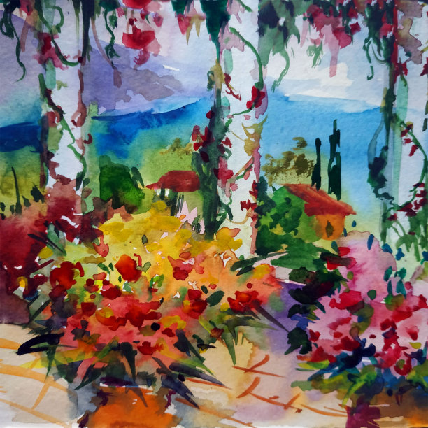 水彩彩色明亮纹理抽象背景手工制作。地中海风景。乌克兰海滨小镇的建筑和植被的绘画图片下载