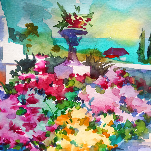 水彩彩色明亮纹理抽象背景手工制作。地中海风景。乌克兰海滨小镇的建筑和植被的绘画图片下载