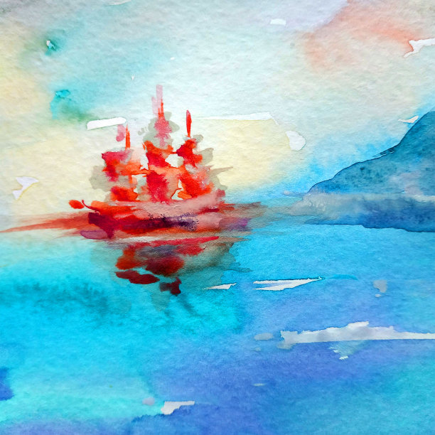 水彩彩色明亮纹理抽象背景手工制作。地中海风景。乌克兰海滨小镇的建筑和植被的绘画图片下载