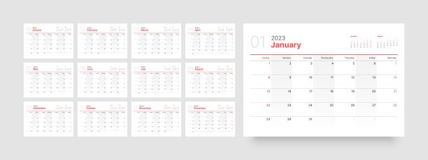 2023年的月历。周日开始。图片下载