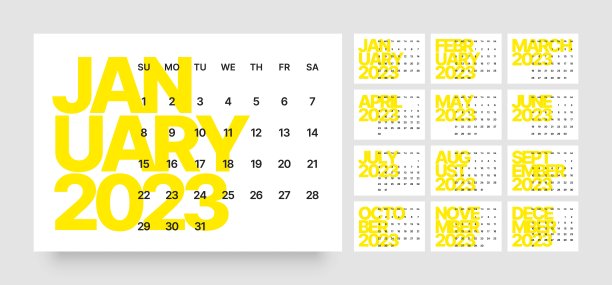 2023年的月历。周日开始。图片下载