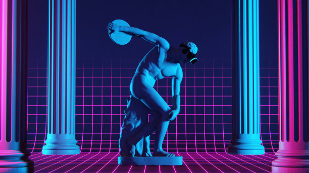 虚拟现实游戏的概念。戴着虚拟头盔的迪斯科雕像。三维渲染图片下载