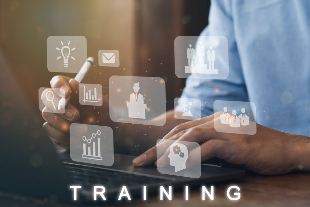 商人使用电脑培训横幅网络图标的业务和研讨会，教练，教学，学习，评估，知识，做，经验和技能。最小的矢量图。“n图片下载