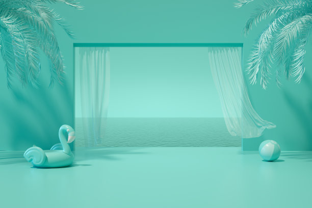 最小的夏季假期旅游概念窗口，以海绿松石背景图片下载