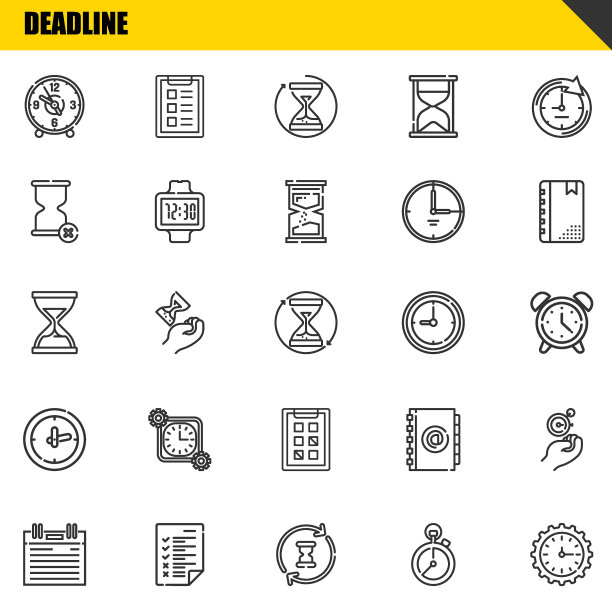 截止日期矢量线图标设置。时钟，议程和沙漏图标。细线的设计。现代轮廓图形元素，简单的笔画符号库存插图图片下载