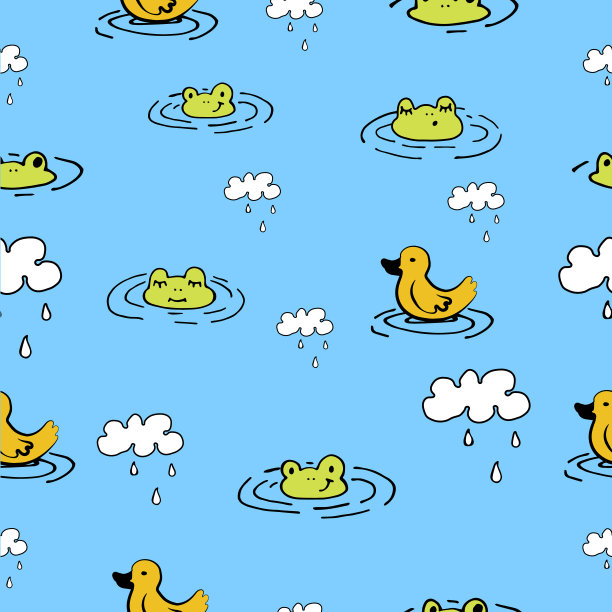 可爱的小青蛙，小鸭子，小雨伞。向量无缝模式。雨、水、防渗漏，适用于儿童、印刷及儿童在水中的游戏图片下载