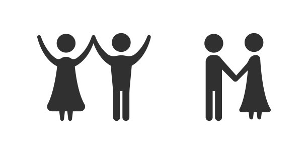 矢量图标的人在爱。男孩和女孩手牵着手。夫妇在爱。大家都举手。图片下载