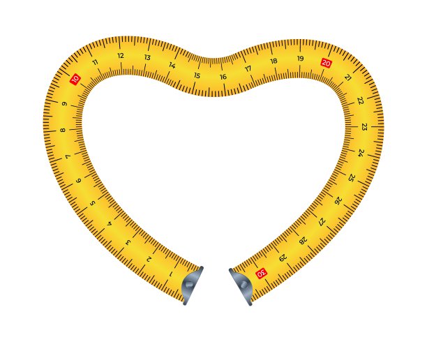 矢量插图测量磁带心形框架孤立在白色背景上。黄色卷尺背景，平面风格。测量工具模板。情人节，节食健身理念。图片下载