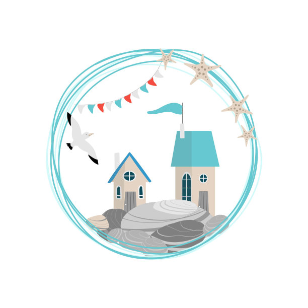 石头上的房子和白色背景上的海鸥构成花环图片下载