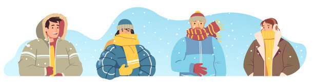 男人，女人在冬天穿着御寒的衣服。人们戴着围巾，帽子，手套，连指手套，保暖的外套，羽绒服在下雪天的时尚风格。人卡通人物平面矢量插图图片下载