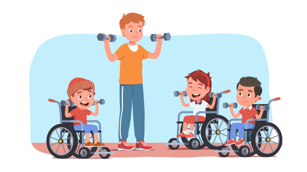 训练坐轮椅的残疾男女儿童做运动。微笑的孩子举起哑铃。适应性运动，康复，康复治疗平面矢量插图图片下载