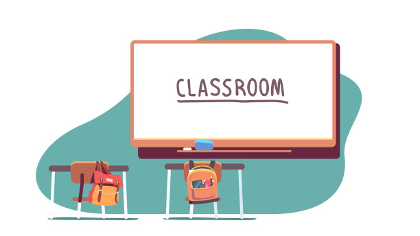 学校教室内部。教室家具，黑板，空椅子，学生课桌，书包，用品。学校的黑板。教育，学习，学习，平面矢量插图图片下载