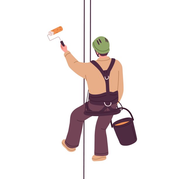 工业登山工人挂在吊带上，用滚筒和铲斗在墙上涂漆。高层工人吊在绳索上，染楼。平面矢量插图孤立在白色背景上图片下载