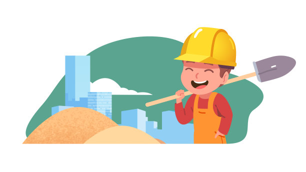 施工工人，在建筑工地或修路工地手持铲工。快乐的建筑工人孩子戴着安全帽在城市工作。构造师工作职业平面矢量插图图片下载