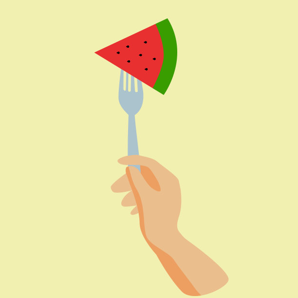 一只手拿着一块多汁的西瓜在彩色背景上。平面向量插图素材图片