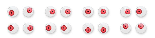 玩具眼睛设置矢量插图。摇摇晃晃的塑料打开娃娃红色的眼球，向上，向下，左，右，疯狂的圆形部分与黑色瞳孔集合孤立在白色背景上图片下载