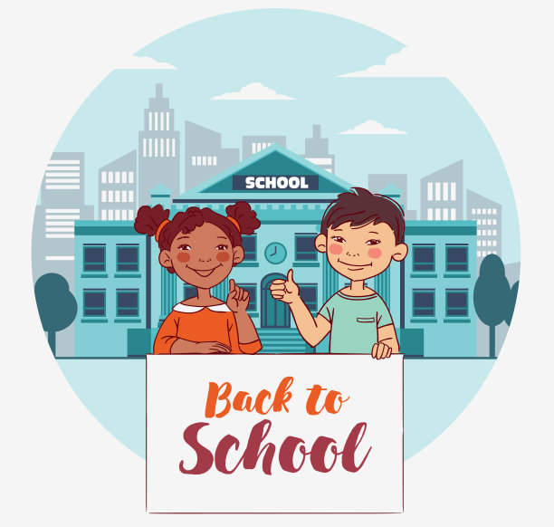 回到学校向量的概念。快乐的男孩和女孩用白色的横幅图片下载