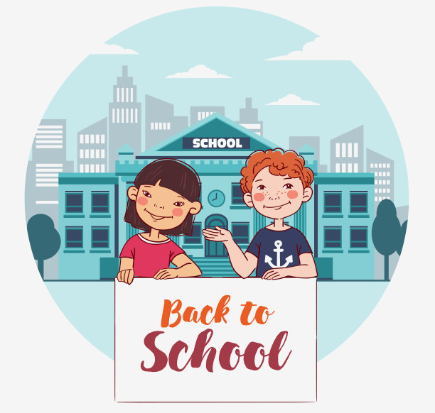 回到学校向量的概念。快乐的男孩和女孩用白色的横幅图片下载