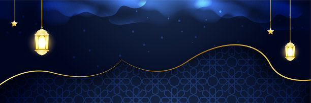 斋月蓝色彩色宽横幅设计背景。伊斯兰斋月卡里姆旗帜背景有新月形图案的月亮星清真寺灯笼。矢量插图。图片下载