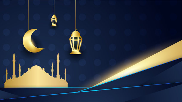 优雅的曼荼罗阿拉伯金蓝色伊斯兰设计背景。世界斋月大旗背景，有灯笼、月亮、伊斯兰图案、清真寺和抽象的奢华伊斯兰元素图片下载