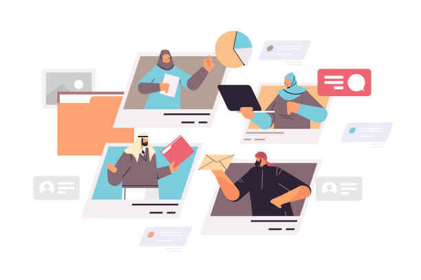 阿拉伯商务人士小组在视频通话中讨论阿拉伯商务人士小组进行虚拟会议图片下载