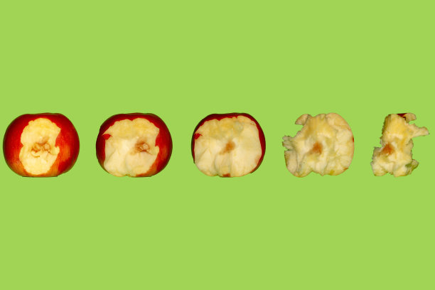苹果:按顺序吃苹果的过程，每一口吃得越来越小，在绿色的背景上图片下载