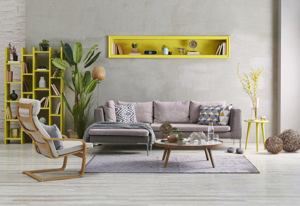 现代家居室内在家庭办公室和木制桌子笔记本电脑书架书架和混凝土墙图片下载