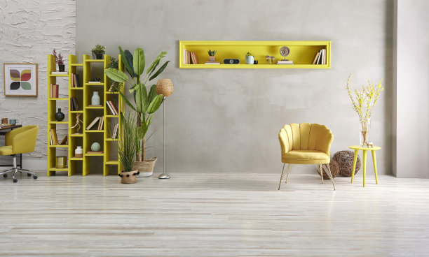 现代家居室内在家庭办公室和木桌笔记本电脑书架书架和混凝土墙图片下载