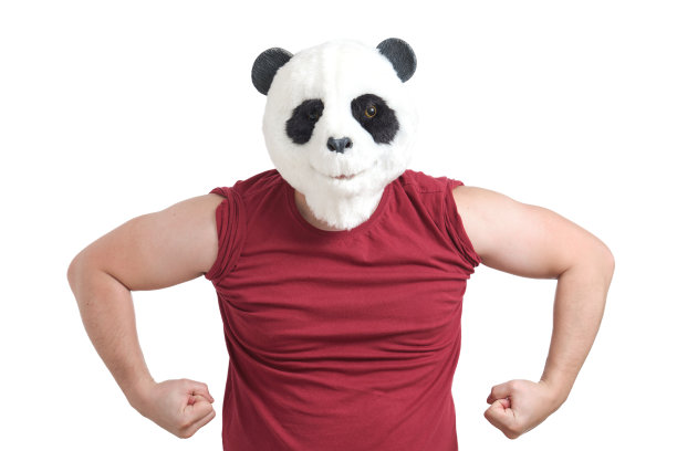 男子头戴熊猫面具，做着强有力的手势，被孤立。图片下载