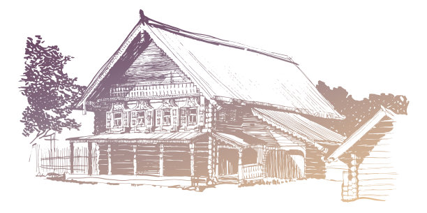 矢量追踪木制俄罗斯北房子的复古墨水和钢笔草图。景观与古老的街道建筑在普斯科夫的建筑博物馆镇图片下载