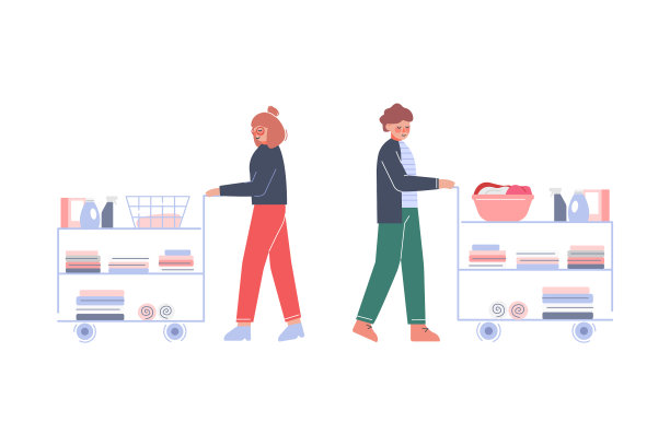 人们推着带着洗涤剂的手推车打扫卫生图片下载