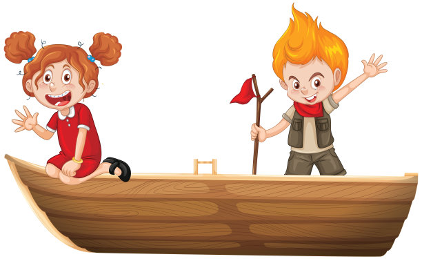 男孩和女孩坐在小船上的白色背景图片下载
