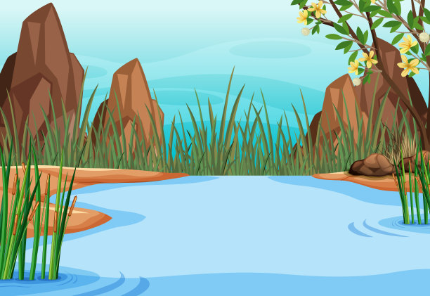 池塘森林背景与岩石山脉图片下载