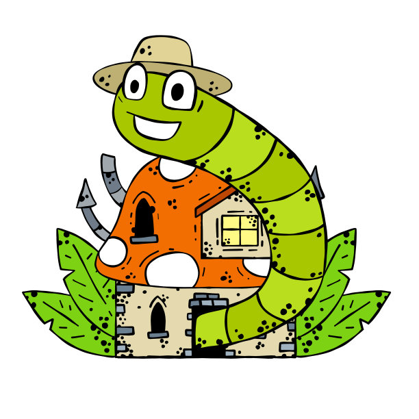 蘑菇屋和有趣的毛毛虫。童话儿童绘画。图片下载