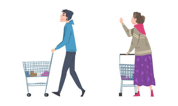 人们用手推车购物在超市设置卡通矢量插图图片下载