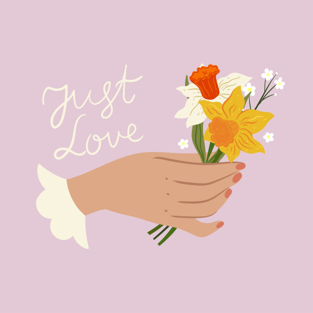 明信片上拿着一束鲜花。矢量图形。图片下载