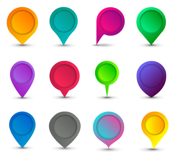 地图标记，地图引脚图标。不同颜色的指针。向量图片下载