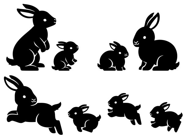兔子父母和孩子在各种姿势的剪影插图集图片下载